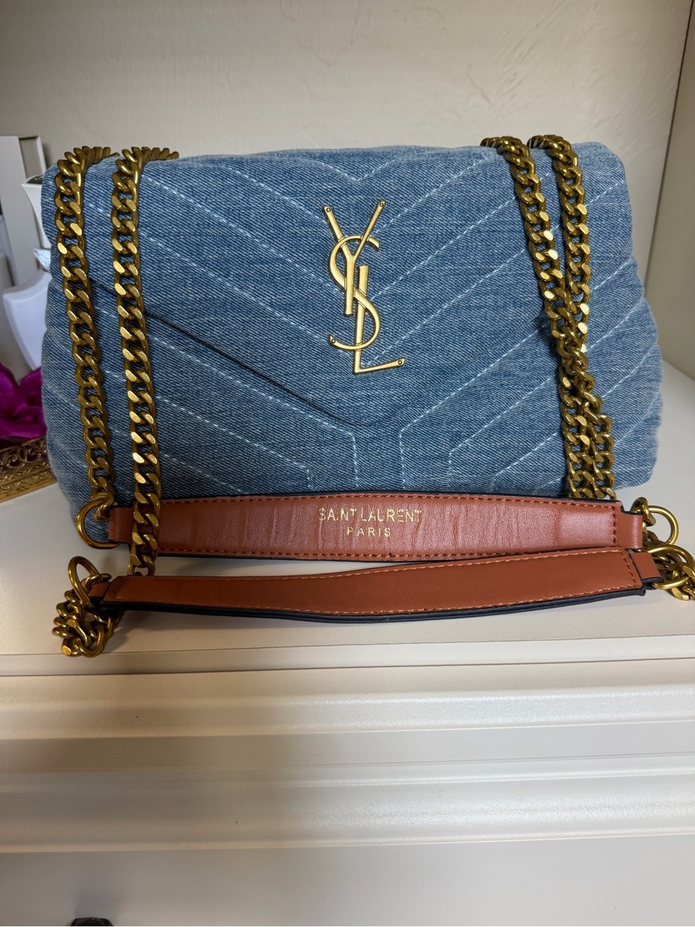 Saint Laurent Denim Quilted Shoulder Bag in Blue Denim with Tan Strap